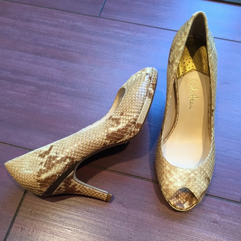 Cole Haan embossed leather snake print peep toe pumps